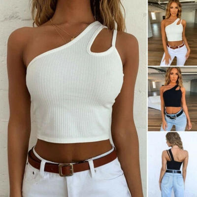 

Womens One Shoulder Shirt Crop Tops Long Sleeve Blouse Jumper Vest Cami Tank Top