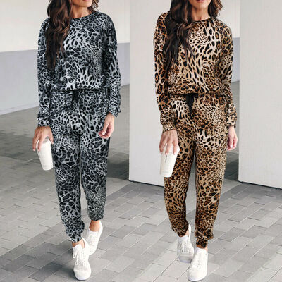 

Women Autumn Leopard Print Long Sleeve Tops Trousers Pants Casual Tracksuit Set
