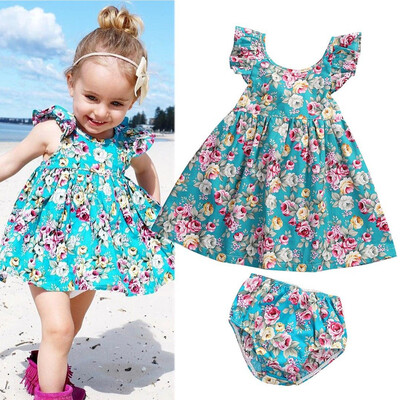 

2Pcs Sweet Newborn Kids Baby Girl Floral Dress Sundress Briefs Outfits Summer