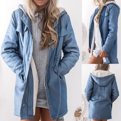 

Toponeto Women Warm Hooded Casual Long Sleeve Denim Jacket Long Jean Outwear Overcoat