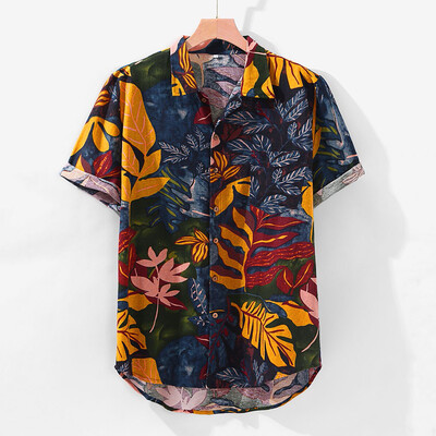 

Toponeto Mens Hawaiian Pocket Short Sleeve Round Hem Loose Shirts Print Linen Blouse
