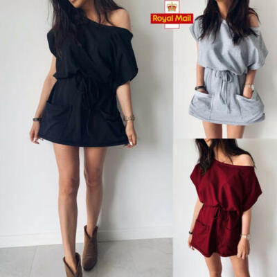 

Womens Ladies Dress Solid Cotton Ruffle V Summer Beach Holiday Mini Shirt Dress