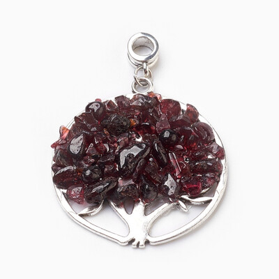 

Natural Garnet European Dangle Beads Large Hole Pendants with Antique Silver Plated Alloy Findings Flat Round with Tree