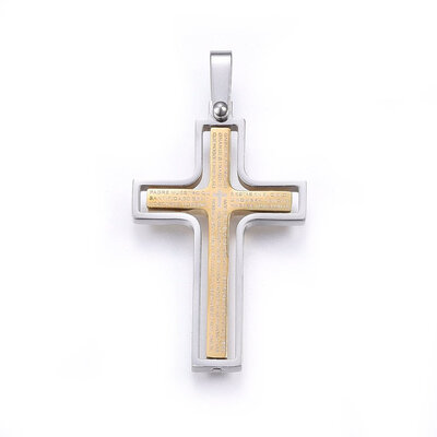 

304 Stainless Steel Pendants Cross with Word Golden & Stainless Steel Color 3641x2225x25mm Hole 7x3mm