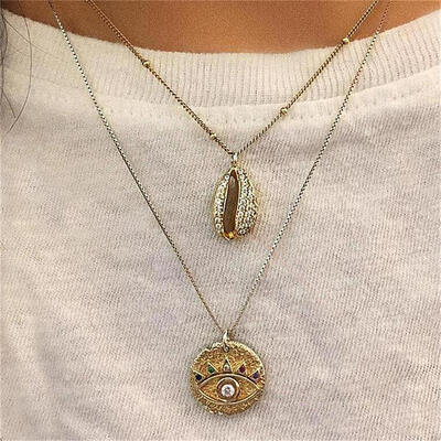 

Women Vintage Multicolor Crystal Fatima Eye Shell Pendant Multilayer Clavicle Chain Boho Charm Necklace Party Wedding Jewelry