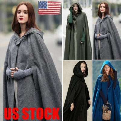 

US NEW Women Warm Hooded Blend Long Cape Cloak Jacket Costume Poncho Coat