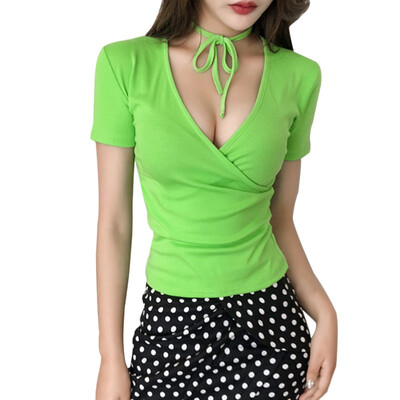 

Women Summer T-Shirt Sexy Deep V-Neck Cotton Lace Up Tee Shirt Femme Ladies Tops Casual Loose Solid Short Sleeve TShirts