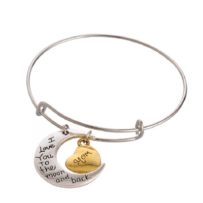 

Moon And Back Bangles For Mom Engraved Letters Women Metal Ethnic Silver Color Moon Star Pendant Bracelet