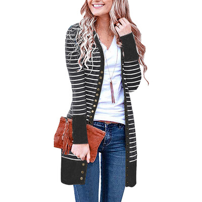 

Toponeto Women Casual Long Sleeve Stripe Patchwork Long Cardigan Tops Blouse Coat
