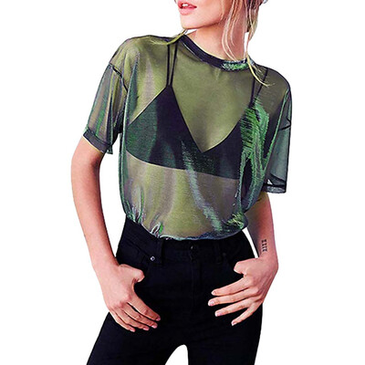 

Nomeni Women Hollow Transparent Round Neck Short Sleeve T-shirt Top Blouse