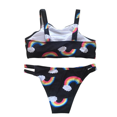 

Roseonmyhand Sexy Women Bikini Set Rainbow Printing Hang Neck Swimmer Push Up Swimsuit