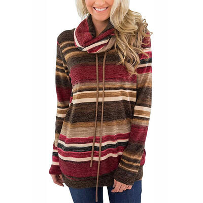 

Autumn Women Fashion Loose Piles Collar Striped Long Sleeve T-shirt Tops