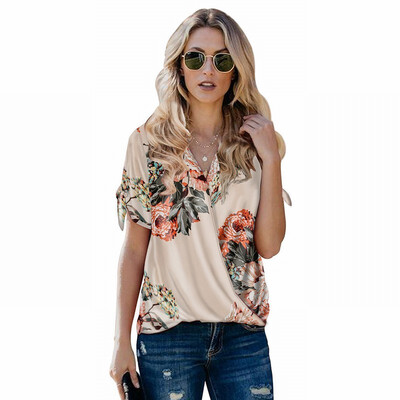

Printed shirt top Womens V-neck short-sleeved loose shirt