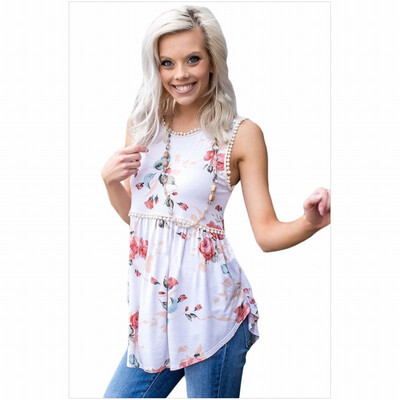 

Multi-color optional round neck sleeveless floral print hem top