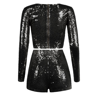 

Sexy Women Sequined Two Piece Set Crop Top V-Neck Long Sleeve Shorts Club Party Suits Outfits PinkBlack