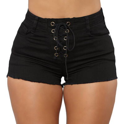 

〖Follure〗Women Ladies Mid Waist Jeans Skinny Bandage Hot Pants Shorts Denim Trousers