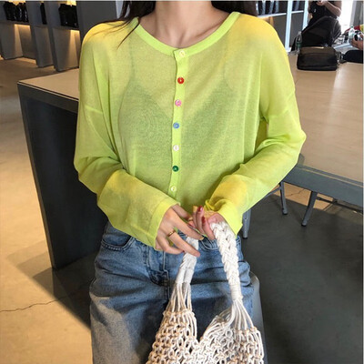 

Women Summer Knitted Round Collar Button Long Sleeve Casual Knit Pullover Loose Solid Color Tops Fashion