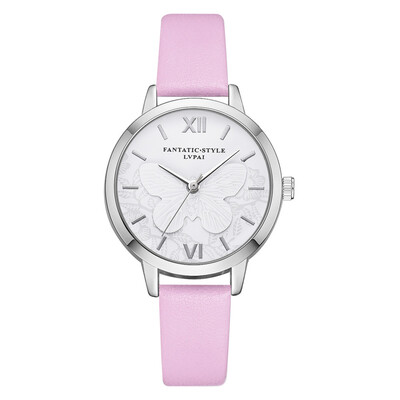 

Top Womens Watches Thin Embossed Butterfly Pattern Dial Quartz Wristwatch Leather Strap Ladies Dress Gift ClockReloj Mujer