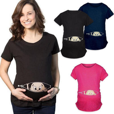 

Cartoon Baby Print Staring Women Maternity Pregnant Short T-shirt Funny Top