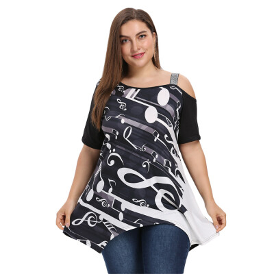 

Trendy Skew Collar Shoulder Strap Short Sleeve Print Asymmetric Plus Size Women T-shirt