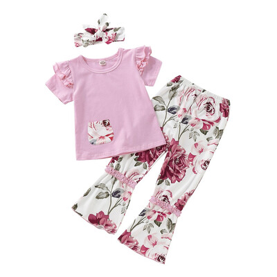 

3PCS Newborn Toddler Baby Girl Clothes Flower T-shirt TopPants Headband Outfits Set