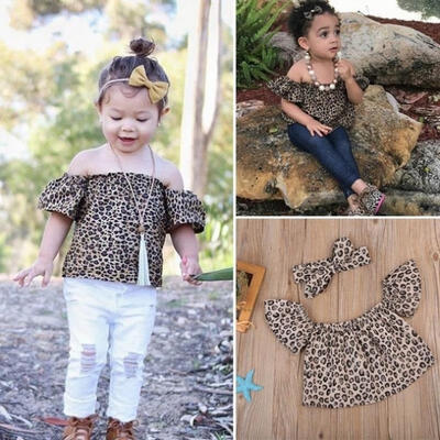 

Newborn Toddler Baby Girls Leopard 2PCS Set Kids Off-shoulder TopsScarf Outfits