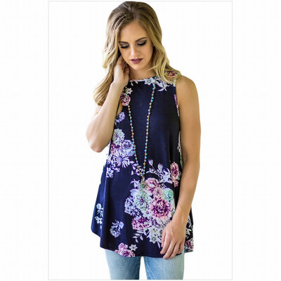 

High-neck sleeveless floral print vest-style casual straight top