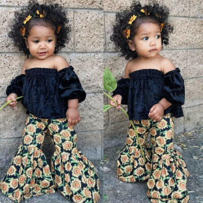 

Kids Baby Girl Off Shoulder Crop Top Bell-Bottom Floral Pants Outfit Set Clothes