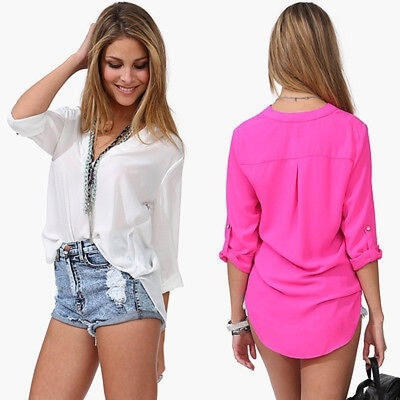

Fashion Women Tops Foldable Sleeve Casual Chiffon Summer Shirt Blouse USA Seller