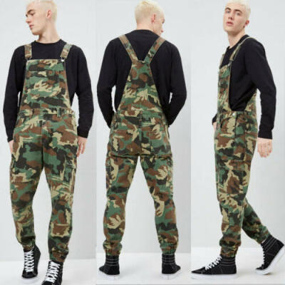Mens Strap Denim Camouflage Workwear Jumpsuit Fashion Motorcycle Riding Jeans