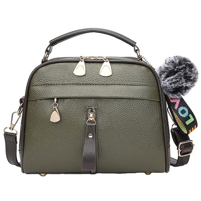 

Women Solid Color Faux Leather Tote Crossbody Shoulder Bag with Pompom Pendant