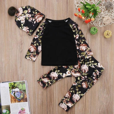 

Newborn Baby Kids Clothes Girls Boys Floral Clothes Long Sleeve Tops T Shirts Long Pants Pom Pom Hat Outfits