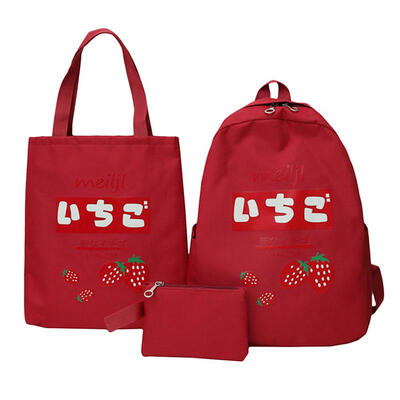 

3pcsset Strawberry Print Backpacks Clutch Women Canvas Shoulder Handbags