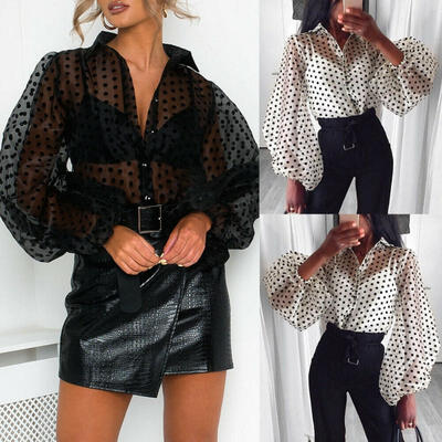 

Women See-through Sheer Mesh Dot Blouse Puff Long Sleeve T-shirt Tops Shirts