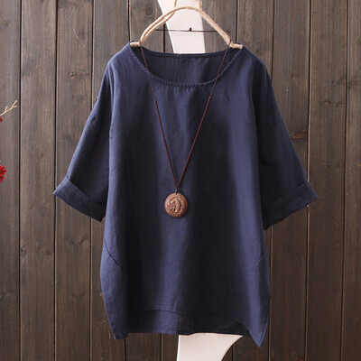 

Starmoon Women Casual Plus Size Cotton Linen Tops Tee T Shirt Vintage Solid Loose Blouse