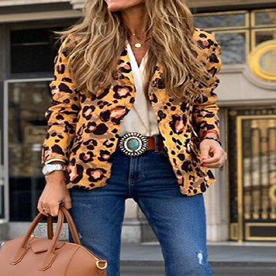 

Leopard Pattern Notched Lapel Single Button Blazer