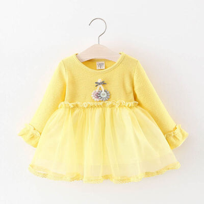 

Spring Casual Baby Girls Solid Print Mesh Dress Cotton Kids Toddler Long Sleeve Sundress