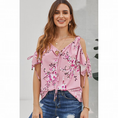 

Womens Vintage Shirt V-neck Short Sleeve Plant Print Shirt