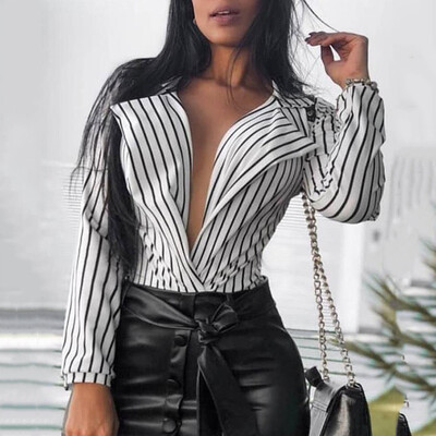 

Womens Casual Striped Tops Shirt Collar Long Sleeve Party Blouse WhiteBlack