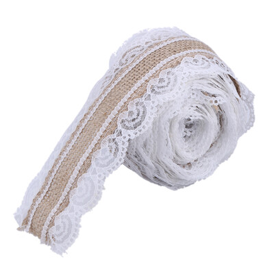 

5M Natural Jute Burlap Hessian Lace Ribbon Roll White Lace Vintage Wedding