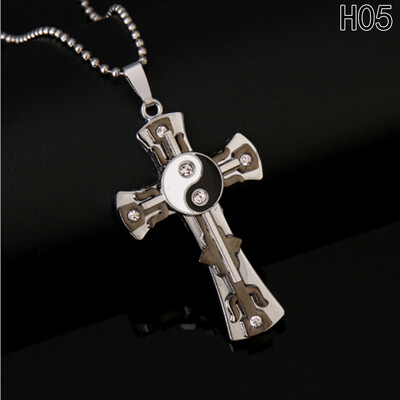 

High Quality Black Silver Stainless Steel Cross crystal Pendant Mens Necklace