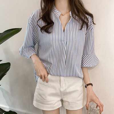 

Starmoon Fashion Women Business Shirt Stripe Printing Three Quarter V-Neck Blouse