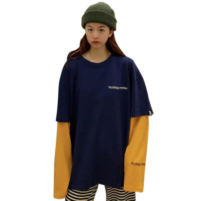 

T-Shirt Women Autumn Solid Loose Long Sleeve T-Shirt Fake Two Pieces Ladies Tops Letter Print Casual Simple Female T-Shirt