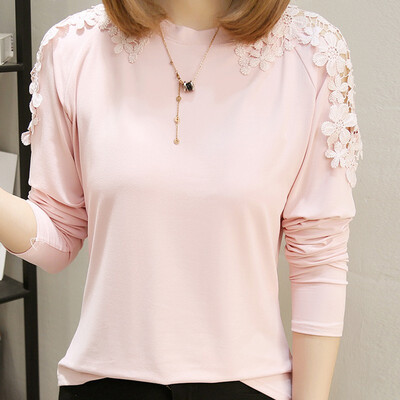 

female t-shirt lace patchwork long sleeve t-shirts women white elegant o-neck t shirts autumn lady plus size clothing