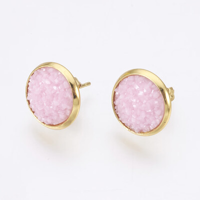 

Resin Stud Earrings with Golden Tone 304 Stainless Steel Findings Flat Round Druzy Resin PearlPink 14515mm Pin 07mm