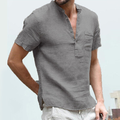 

1T-shirt Tops Casual Loose Beach Short Sleeve Stand Collar Buttoned Shirt Mens