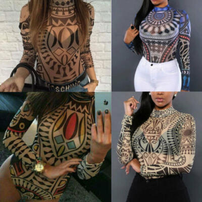 

Women Tatoo Tribal Print Strechy Bodysuit See-Through Mesh Sheer Long Sleeve Top