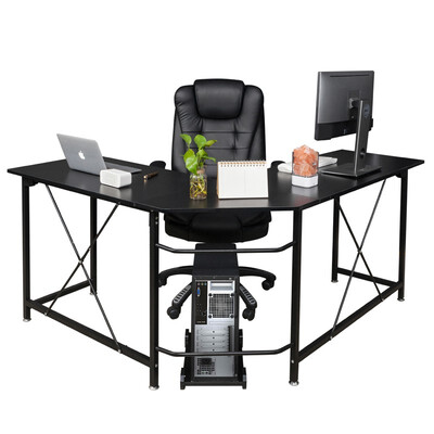 

L-Shaped Durable Wood Splicing Computer Desk with Hook Black