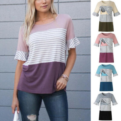 

Women Maternity Stripe Blouse Breastfeeding Top Short Sleeve Nursing T-shirt New