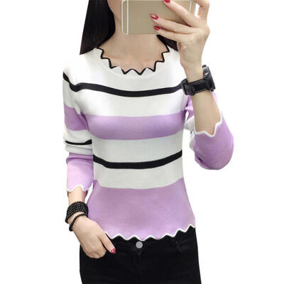 

Autumn Women Knit Bottom Shirt Stripe Long Sleeve O-neck Wavy Edge Tops